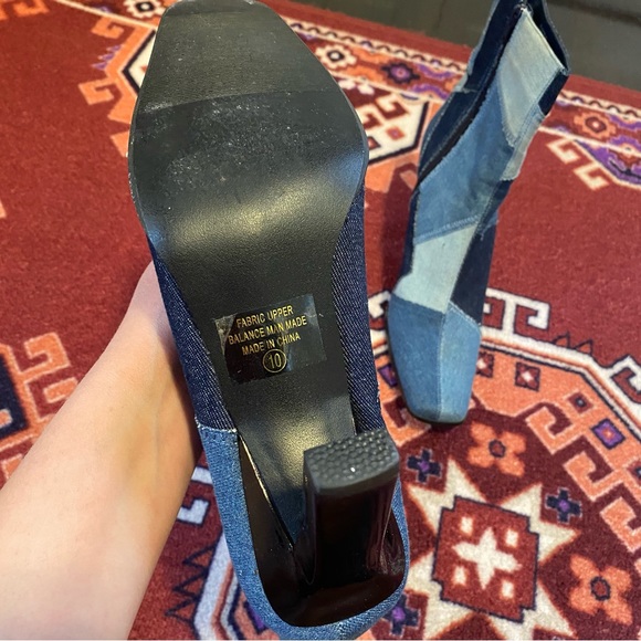 Y2K 2000s Denim Patchwork Ankle Boots Blue Square Toe Heels Booties Size 10 - Picture 10 of 11